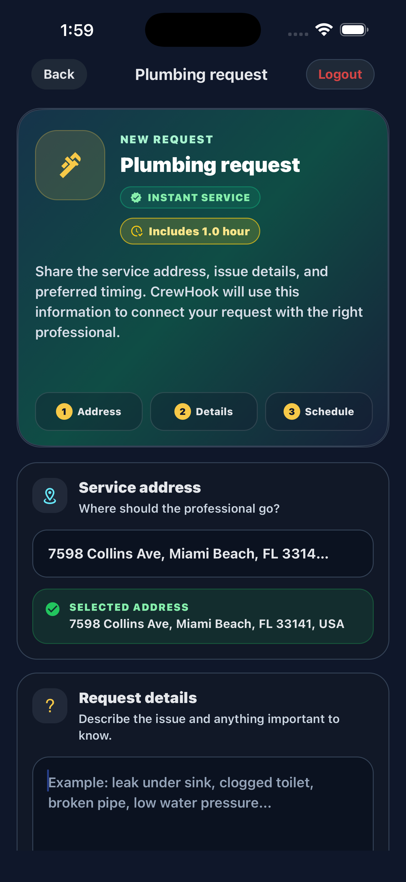 Client selects service details