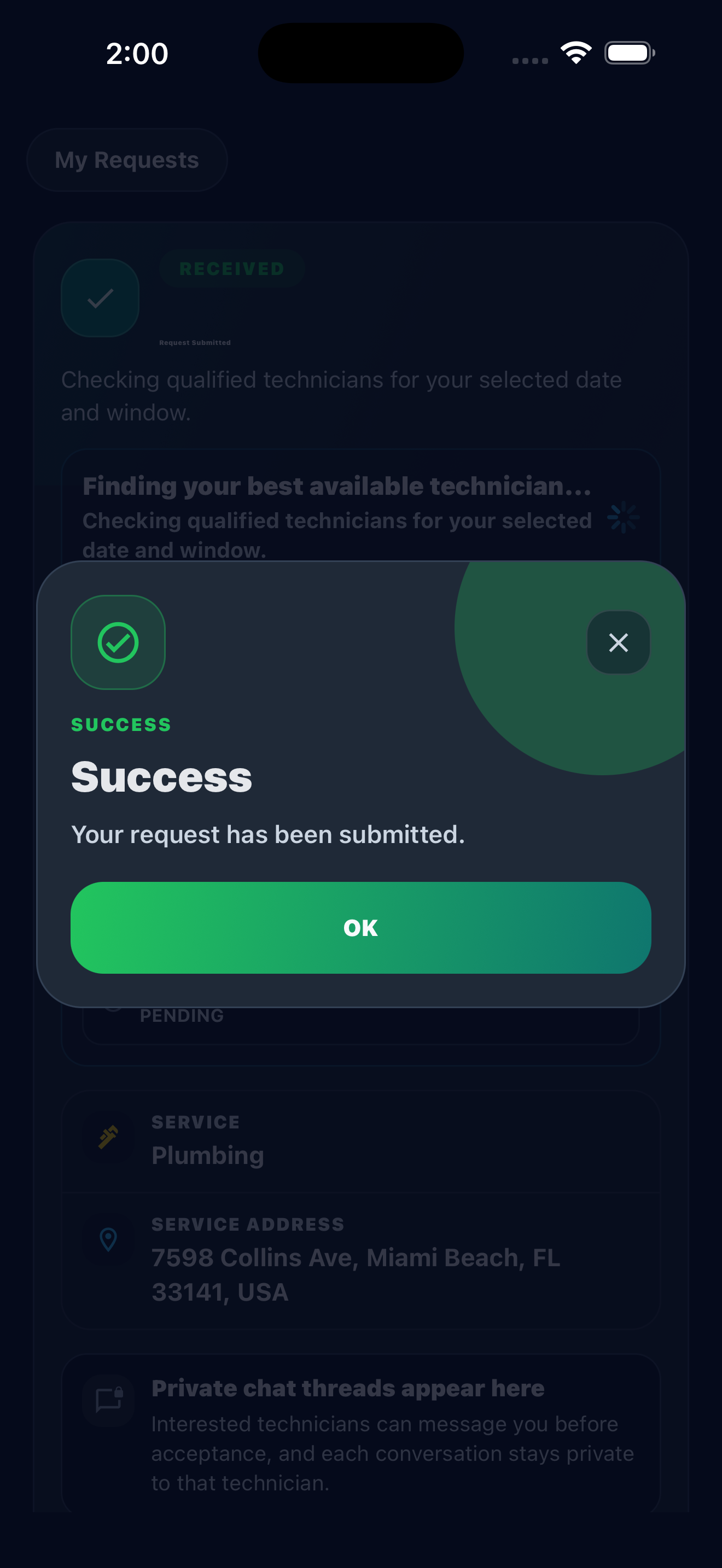 Client request submitted and matching in progress