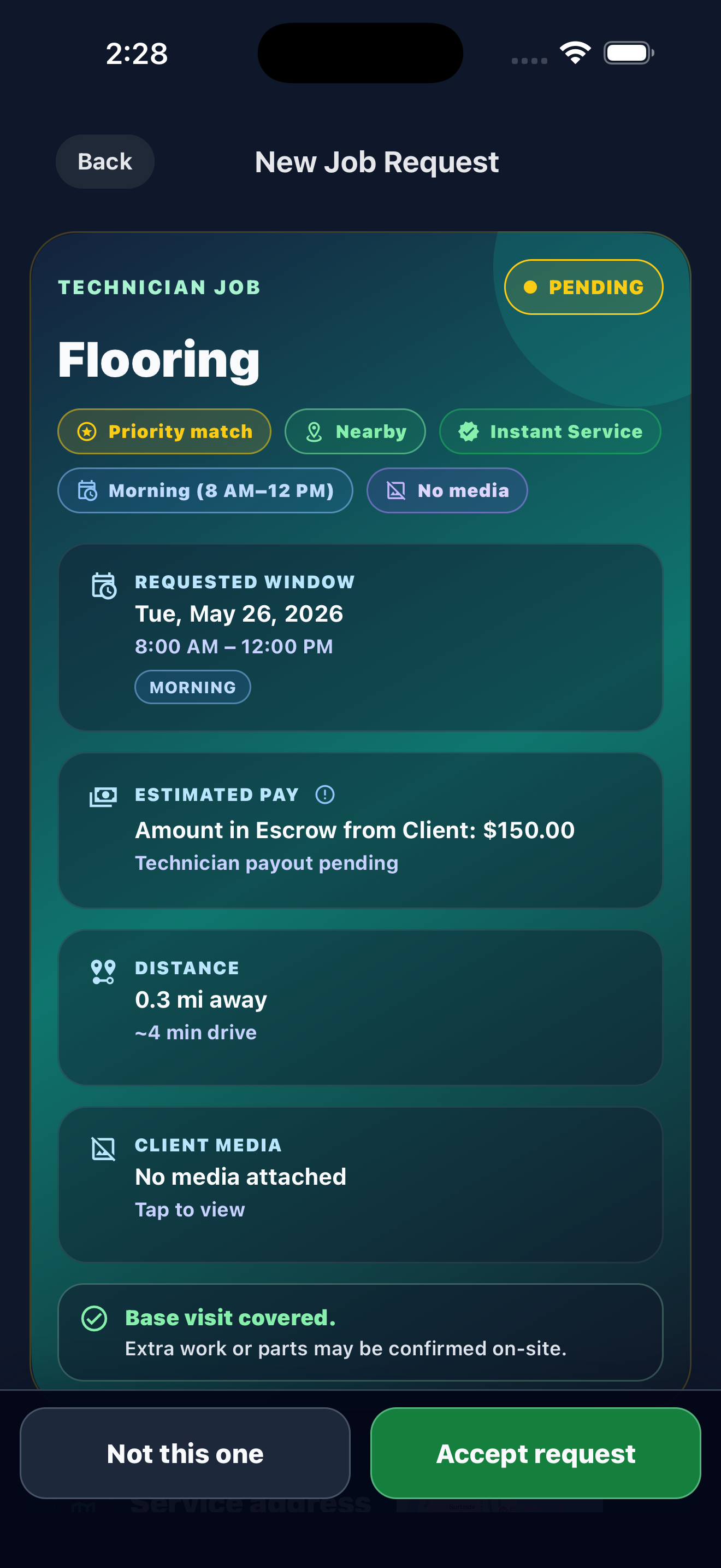 Technician reviews request and accepts