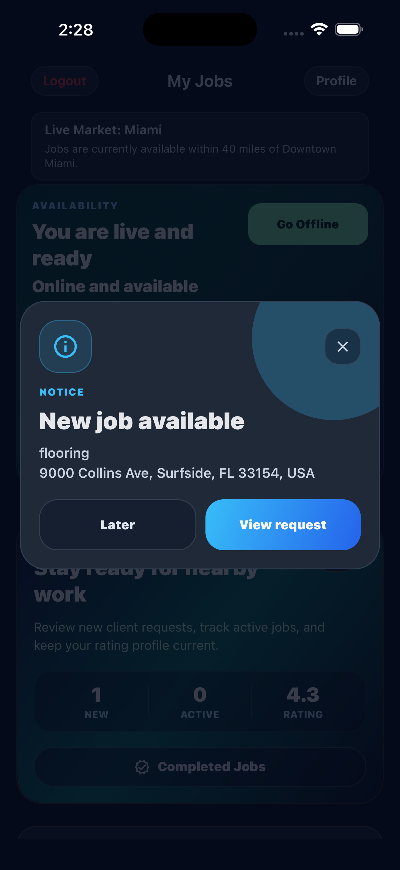 Technician receives new request notification